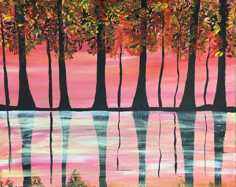 painting of row of trees reflected in a lake
