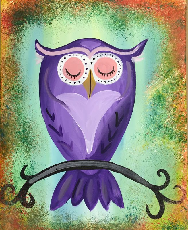 painting of a purple owl with eyes closed