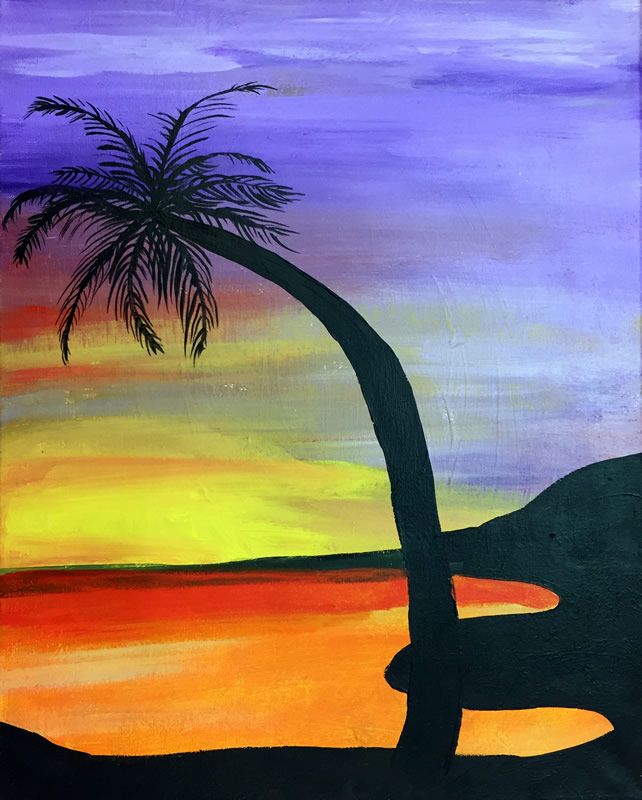 painting of a palm tree with a colorful sunset