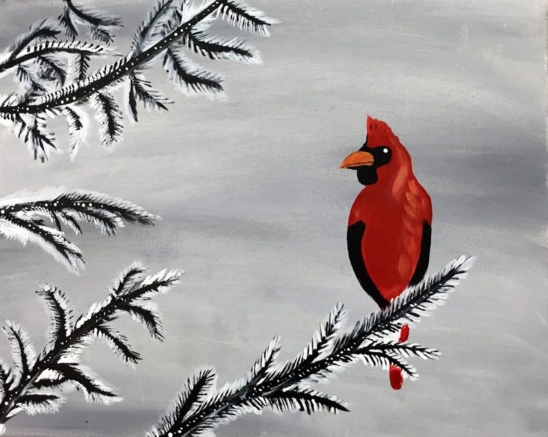 painting of red cardinal on snow covered evergreen branch