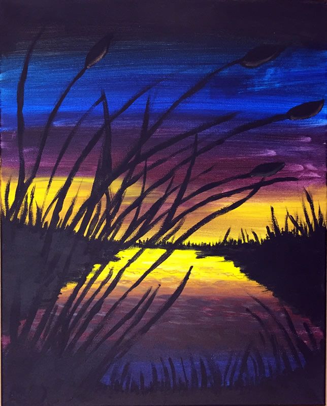 painting of riverbank with reeds at sunset