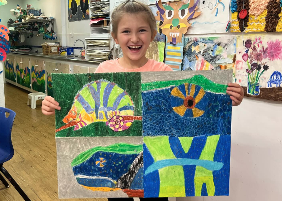 four colorful views of a chameleon