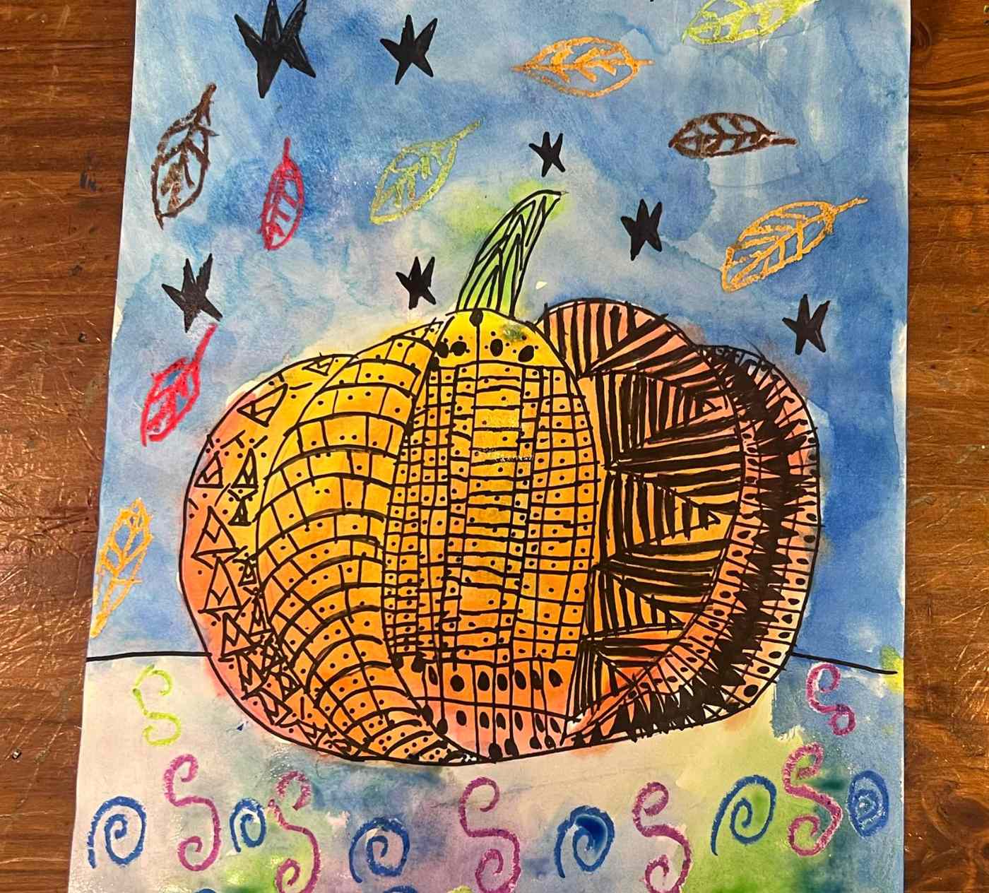 fall-pumpkin-art-blog fall pumpkin art with oil pastels, watercolor, and sharpie